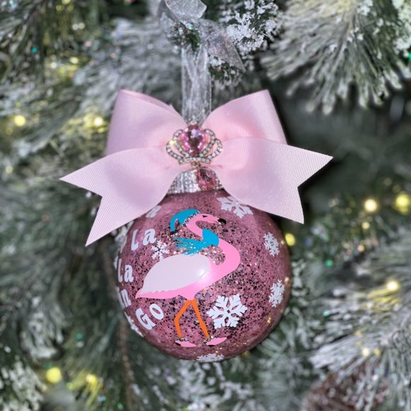 Pink Flamingo Glitter Christmas Tree Ornament, Customized Personalized, Holiday - Picture 3 of 16